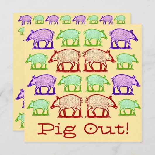 サマーピクニックピグアウト招待状-フォークアートピッグ 招待状 (正面/裏面)