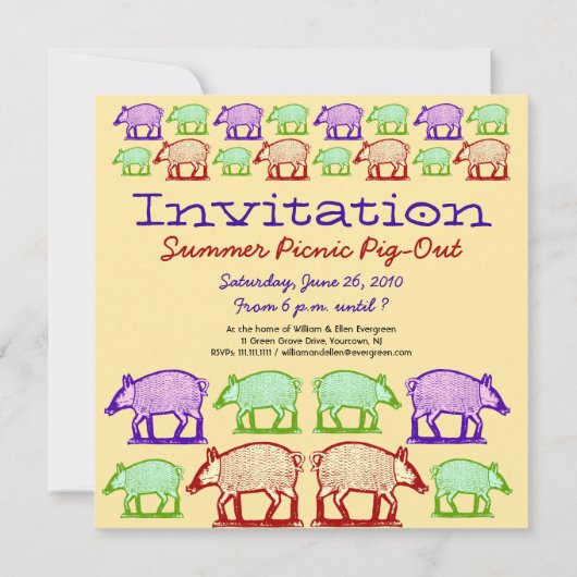 サマーピクニックピグアウト招待状-フォークアートピッグ 招待状 (裏面)