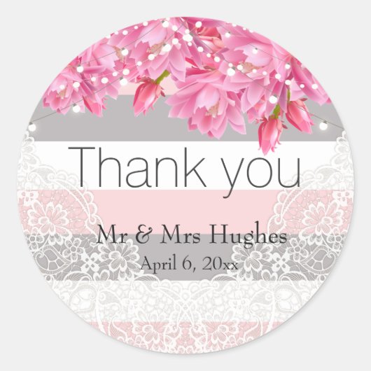 サマーピンクとグレーストライプフローラレース結婚ズ ラウンドシール (正面)