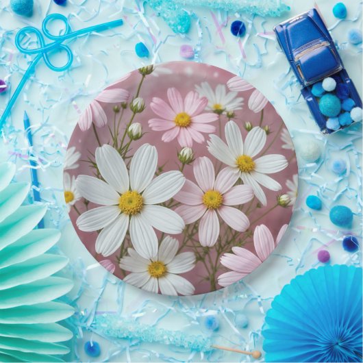 サマーピンクとホワイトデイジー ペーパープレート (パーティー)