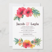 サマーピンクのオレンジ色の緑の熱帯フローラ結婚ズ 招待状 (正面)
