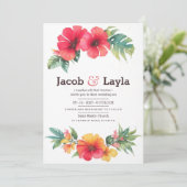 サマーピンクのオレンジ色の緑の熱帯フローラ結婚ズ 招待状 (スタンド正面)