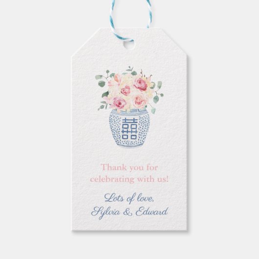 サマーピンクのバラの女の子ベビーシャワーありがとう ギフトタグ (正面)