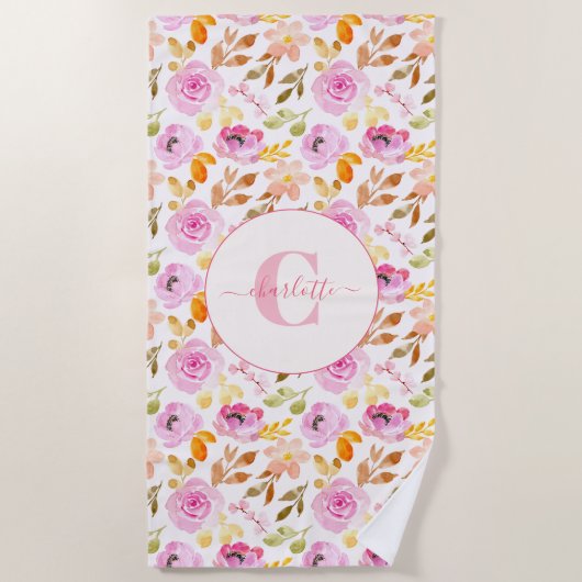 サマーピンクの水彩フローラMonogram and Name ビーチタオル (正面)