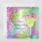 サマーピンクの誕生日パーティーカクテルカラフルカクテル 招待状 (正面)