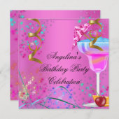 サマーピンクの誕生日パーティーカクテルカラフルカクテル 招待状 (正面/裏面)