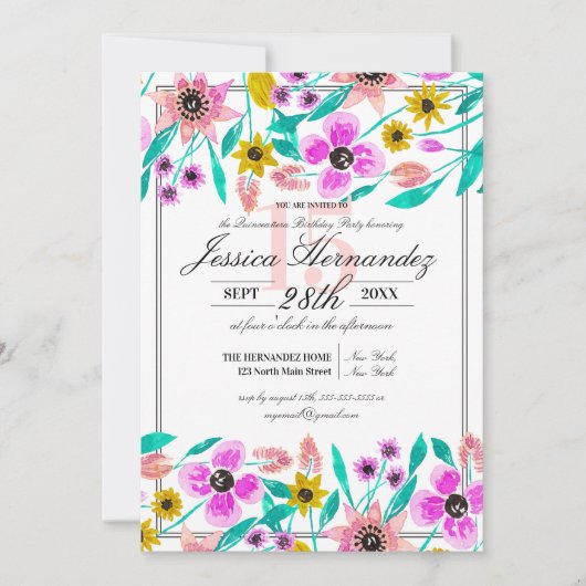 サマーピンクイエローフローラウォーターカラーキンセアニラ 招待状 (正面)
