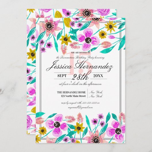 サマーピンクイエローフローラウォーターカラーキンセアニラ 招待状 (正面/裏面)