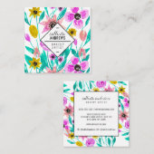 サマーピンクイエローフローラ水彩メイクアップ スクエア名刺 (正面/裏面)