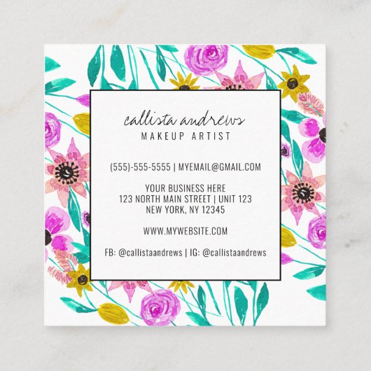 サマーピンクイエローフローラ水彩メイクアップ スクエア名刺 (裏面)