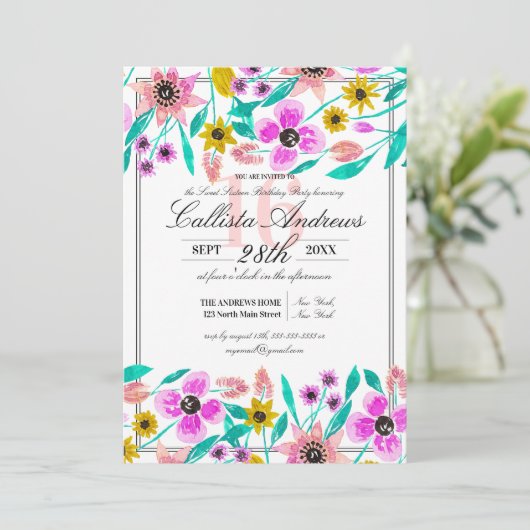 サマーピンクイエローフローラ水彩甘い16 招待状 (スタンド正面)