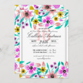 サマーピンクイエローフローラ水彩甘い16 招待状 (正面/裏面)