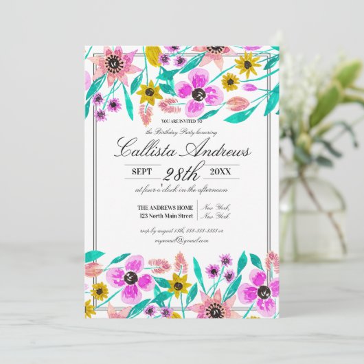サマーピンクイエローフローラ水彩誕生日 招待状 (スタンド正面)