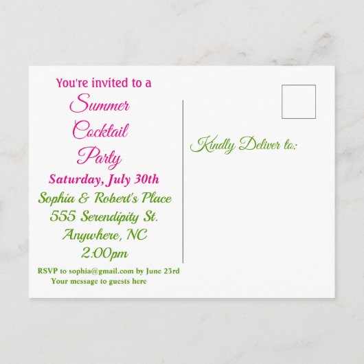 サマーピンクカクテルパーティの招待状 インビテーションポストカード (裏面)