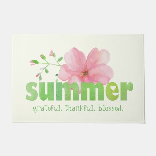 サマーピンクグリーン水彩フローラ ドアマット (正面)