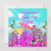 サマーピンクターコイズビーチプールパーティー 招待状 (正面)