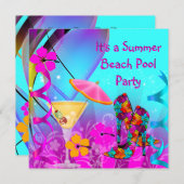 サマーピンクティール（緑がかった色）ビーチカクテルパーティー 招待状 (正面/裏面)