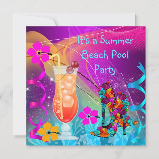 サマーピンクティール(緑がかった色)ビーチプールカクテルパーティー3 招待状 (正面)