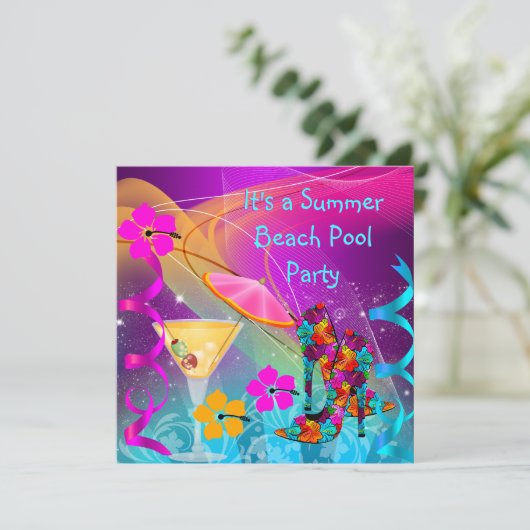 サマーピンクティール（緑がかった色）ビーチプールカクテルパーティー 招待状 (スタンド正面)