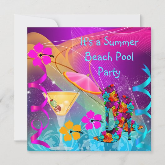 サマーピンクティール（緑がかった色）ビーチプールカクテルパーティー 招待状 (正面)