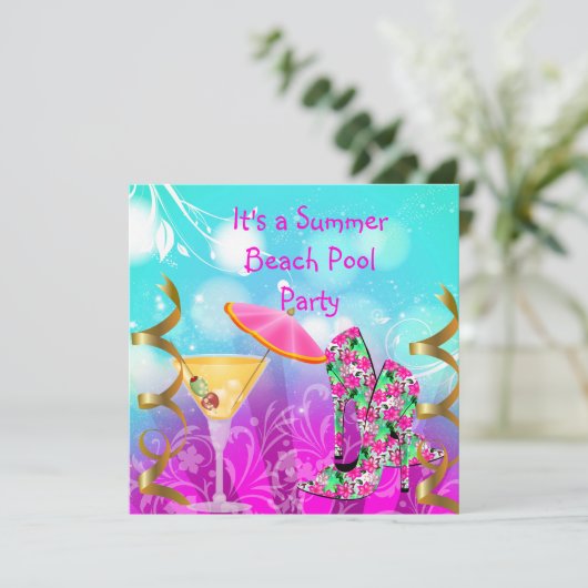 サマーピンクティール(緑がかった色)ビーチプールパーティー 招待状 (スタンド正面)