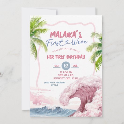 サマーピンクファースト誕生日 招待状 (正面)