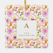 サマーピンク水彩フローラファミリーモノグラム セラミックオーナメント (正面)