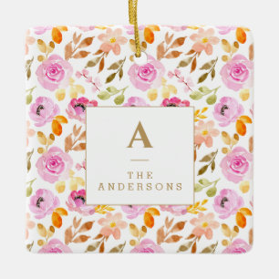 サマーピンク水彩フローラファミリーモノグラム セラミックオーナメント