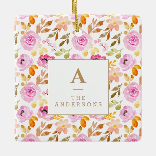 サマーピンク水彩フローラファミリーモノグラム セラミックオーナメント (正面)