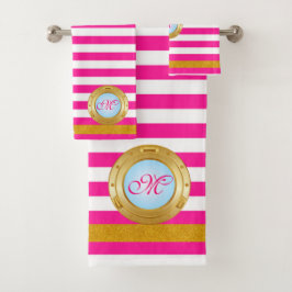 サマーピンク金ゴールドストライプモノグラムのビーチ バスタオルセット
