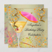 サマーピンク金ゴールドバースデーパーティーカクテルカラフルカクテル 招待状 (正面/裏面)