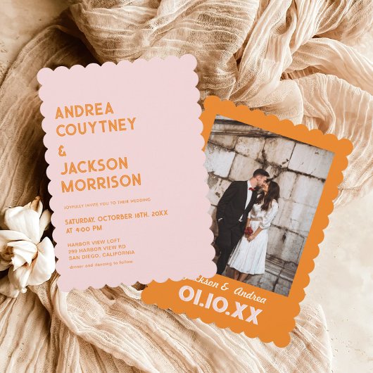 サマーピンク&オレンジレトロ結婚ズ 招待状