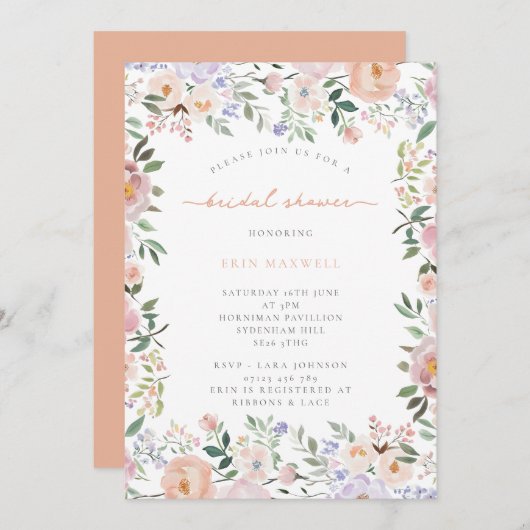 サマーピーチテラコッタボタニカルブライダルシャワー 招待状 (正面/裏面)
