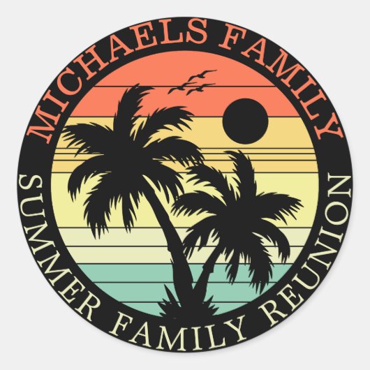 サマーファミリーバケーションサンセットパームツリーキュート ラウンドシール (正面)