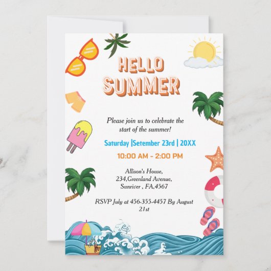 サマーファミリービーチプールパーティー 招待状 (正面)