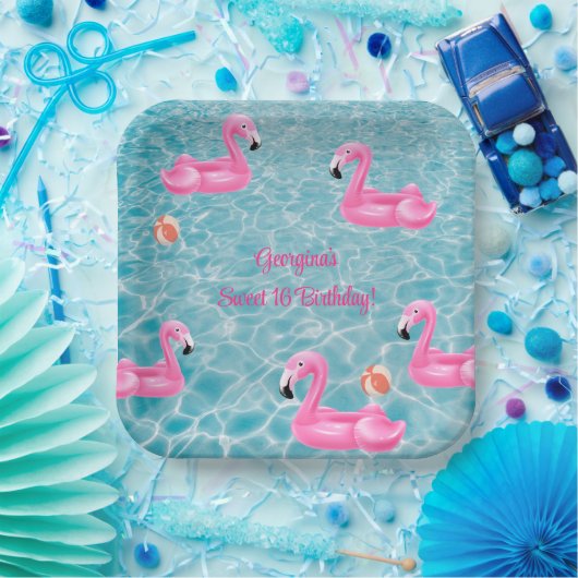 サマーフラミンゴプールパーティースウィート16誕生日 ペーパープレート (パーティー)