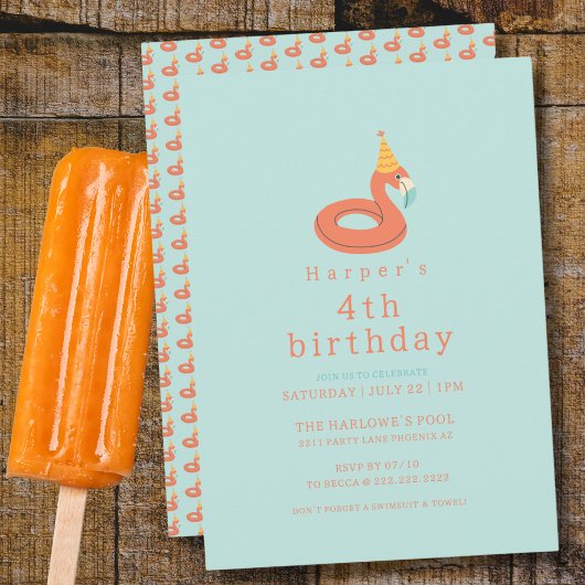 サマーフラミンゴモダンキッズ誕生日プールパーティー 招待状