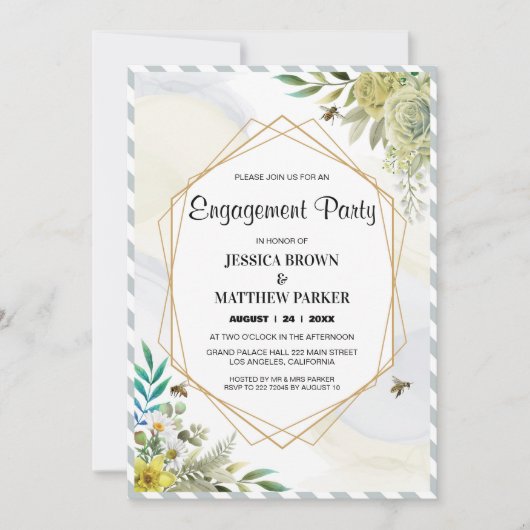 サマーフラワーズゴールデンフレーム婚約 招待状 (正面)