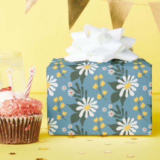 サマーフラワーブーケオンブルー ラッピングペーパー (誕生日パーティー)
