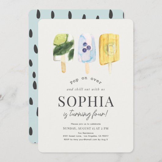 サマーフルーツポプシクルウォーターカラー誕生日 招待状 (正面/裏面)