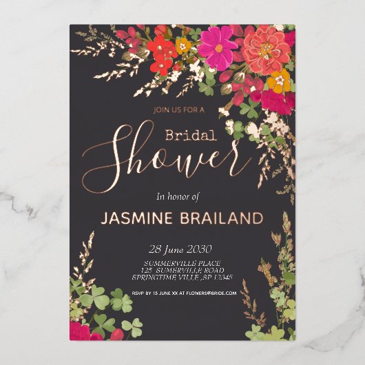 サマーフローラガーデンワイルドフラワーズブライダルシャワーフォイ 箔招待状 (正面)