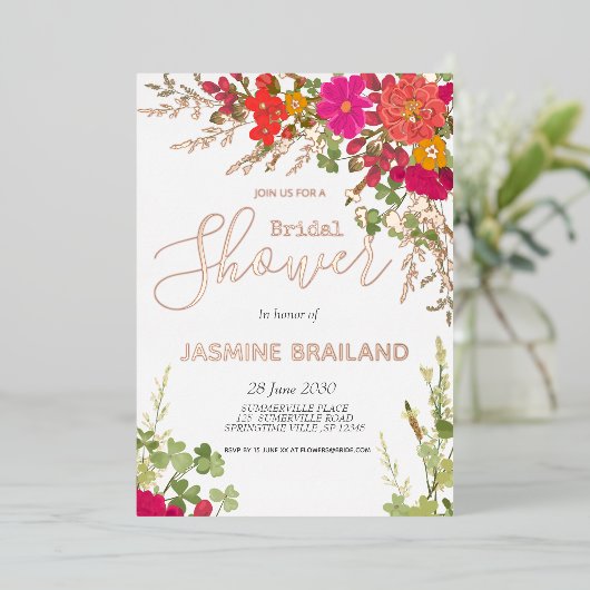 サマーフローラガーデンワイルドフラワーズブライダルシャワー 箔招待状 (立ち正面)