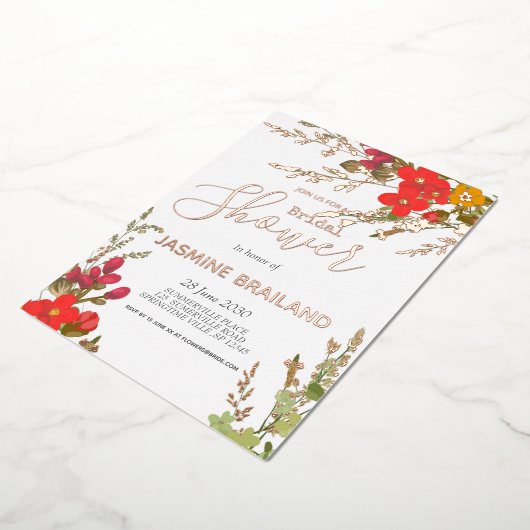 サマーフローラガーデンワイルドフラワーズブライダルシャワー 箔招待状 (回転した状態)