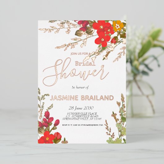 サマーフローラガーデンワイルドフラワーズブライダルシャワー 箔招待状 (立ち正面)