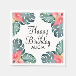 サマーフローラピンクアンスリウム&モンステラ誕生日 スタンダードカクテルナプキン