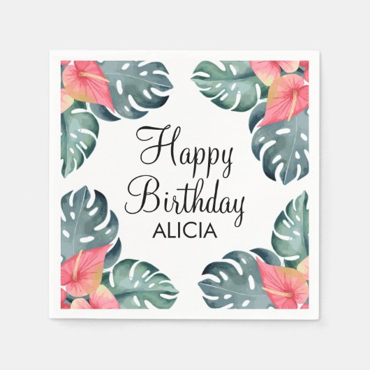 サマーフローラピンクアンスリウム&モンステラ誕生日 スタンダードカクテルナプキン (正面)
