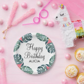 サマーフローラピンクアンスリウム&モンステラ誕生日 ペーパープレート (パーティー)