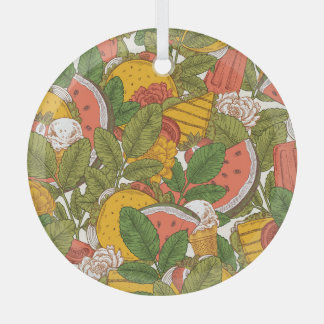 サマーフードヴィンテージイラストレーションパターン ガラスオーナメント