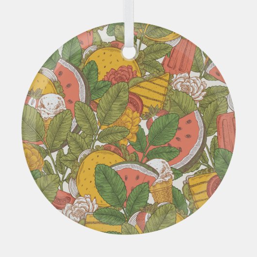 サマーフードヴィンテージイラストレーションパターン ガラスオーナメント (正面)