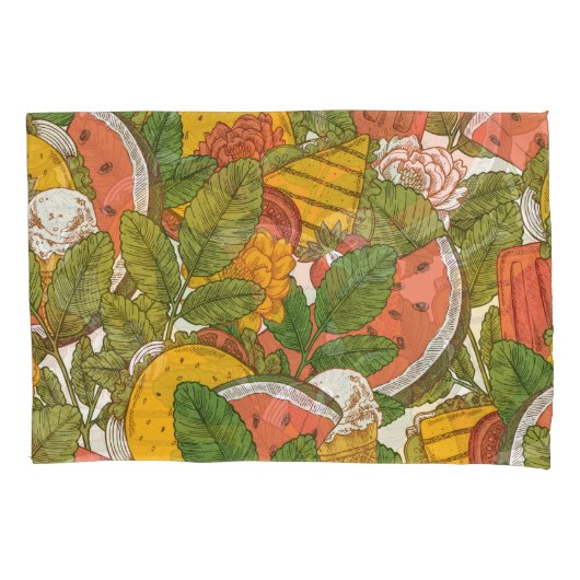 サマーフードヴィンテージイラストレーションパターン 枕カバー (正面)